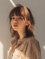 japansk mode modell flicka med brun hår lugg, ai foto