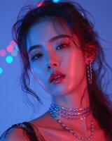 asiatisk flicka med diamant närbild mode porträtt studio belysning, ai foto