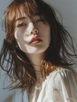 japansk mode modell flicka med brun hår lugg, ai foto