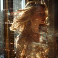 blond mode flicka guld klänning cardigan gående nära fönster lägenhet, ai foto