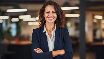 ung självsäker latinamerikan latino företag kvinna leende i företags- bakgrund med kopia Plats. Framgång, karriär, ledarskap, professionell, mångfald i en arbetsplats begrepp foto