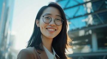 ung självsäker asiatisk företag kvinna med glasögon leende i företags- bakgrund med kopia Plats. Framgång, karriär, ledarskap, professionell, mångfald i en arbetsplats begrepp foto
