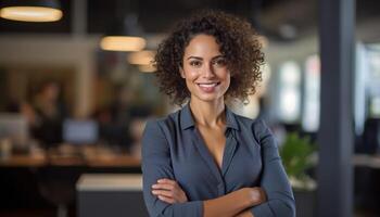 ung självsäker svart afrikansk amerikan företag kvinna leende i företags- bakgrund med kopia Plats. Framgång, karriär, ledarskap, professionell, mångfald i en arbetsplats begrepp foto