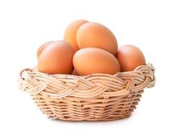 främre se av brun kyckling ägg i stack i korg- korg isolerat på vit bakgrund med klippning väg foto