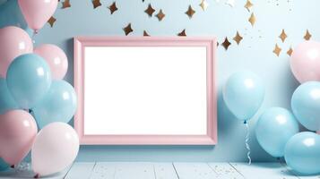 kön avslöja födelsedag fest ram blå och rosa ballonger, ai foto