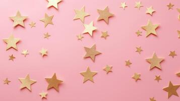 guld stjärna konfetti på en rosa bakgrund med Plats för text. baner, affisch, ai foto