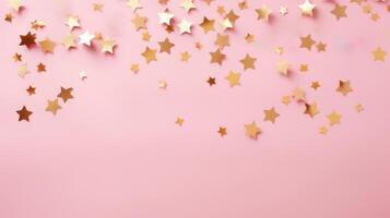 guld stjärna konfetti på en rosa bakgrund med Plats för text. baner, affisch, ai foto