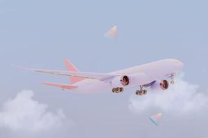 rosa plan flygande i de himmel med geometrisk abstrakt . plan ta av och pastell bakgrund. flygbolag begrepp resa plan passagerare. annons aning. foto