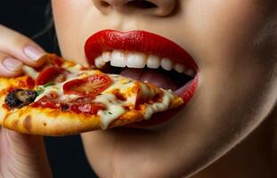 flicka äter pizza stänga upp foto