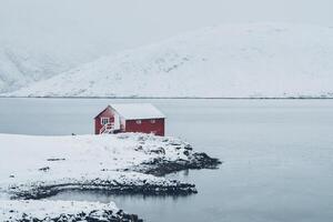 röd rorbu hus i vinter, lofoten öar, Norge foto