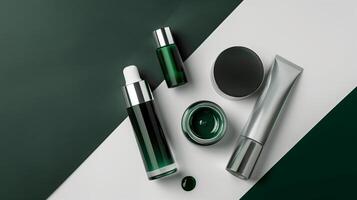 en mörk grön och vit bakgrund med skönhet Produkter. foto