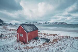 röd rorbu hus skjul på strand av fjord, Norge foto