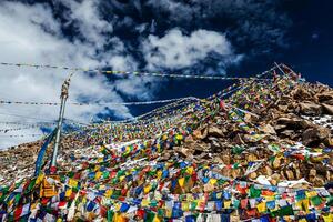 tibetan buddist bön flaggor på topp av khardung la passera. högsta motorbar passera i de värld 5602 m foto