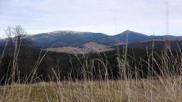 färgstarka höstlandskap i Karpaterna med bergstoppar. karpaterna, ukraina, europa. skönhetens värld. skog med orange löv. solig höstdag i västra Ukraina. foto