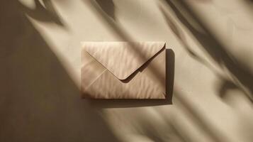 en attrapp av ett kuvert på en neutral bakgrund med elegant skuggor. foto