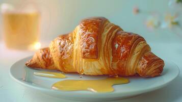 en croissant placerad på en vit porslin tallrik, med en ljus dugga av honung på en mjuk pastell bakgrund. foto