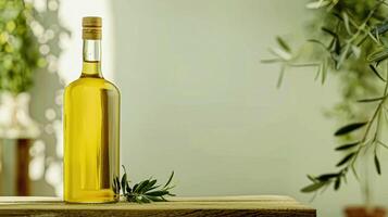 oliv olja flaska ad bakgrund med copyspace, vegetabiliska olja kommersiell producera, mat industri och detaljhandeln foto