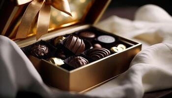 choklad och choklad praliner i en gåva låda som en lyx Semester närvarande, foto