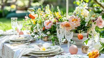 påsk bordsbild dekoration, blommig Semester tabell dekor för familj firande, vår blommor, påsk ägg, påsk kanin och årgång servis, engelsk Land och Hem styling foto