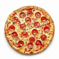 pizza isolerat på vit bakgrund, uppkopplad leverans från pizzeria, ta bort och snabb mat foto