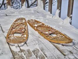 klassisk trä- Snöskor i en bakgård foto