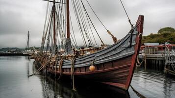 fullskalig viking fartyg dockad på hamn med segel foto