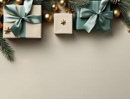 jul baner. bakgrund xmas design av krans med gåvor låda, stare och glitter guld konfetti. horisontell jul affisch, hälsning kort, rubriker, webbplats, generativ ai foto