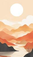 ljus orange vattenfärg mountains med mingei popinspirerad Sol ai genererad foto