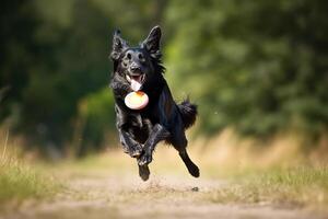 en lekfull, verkan skott av en hund lyckligt fångst en leksak boll, fångande de hundens energi, rörlighet, och kärlek för speltid på vit bakgrund. generativ ai foto
