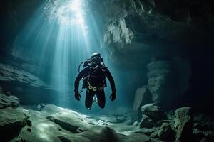 en grupp av dykare utforska ett under vattnet grotta systemet. de vatten skall vara mörk och mulen, med balkar av ljus lysande genom från ovan. generativ ai foto