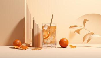 ökenvåg kall dryck med orange skalar och hurufiyya löv på matt beige ai genererad foto