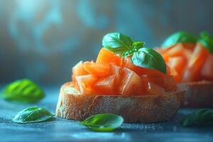 ai genererad bruschetta italiensk mat professionell reklam mat fotografi foto