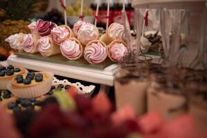 utsökt sötsaker på bröllop godis buffé med desserter, cupcakes, tiramisu och småkakor foto