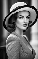 ai genererad svart och vit Foto av skön kvinna i hatt, retro 1940-talsstil. tidlös elegans och årgång charm. idealisk för nostalgisk teman, mode retrospektiv, eller periodinspirerad projekt