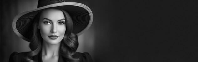 ai genererad svart och vit Foto av skön kvinna i hatt, retro 1940-talsstil mörk bakgrund med kopia Plats. elegans och årgång charm. nostalgisk teman, mode retrospektiv, periodinspirerad