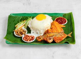 nasi lemak uppsättning med solig ägg, ris, kyckling vinge, friterad fisk, ättikslag, sallad, jordnöt och chili sås eras i maträtt isolerat på banan blad topp se av singapore mat foto