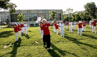 dnepr, ukraina - 21.06.2021 grupp av äldre människor håller på med hälsa och kondition gymnastik i de parkera. foto