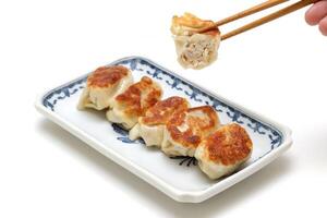 guioza, klassisk japansk mellanmål tillverkad från deg kokta med fläsk foto