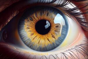 makro bild av mänsklig öga blå stänga upp. generativ ai foto