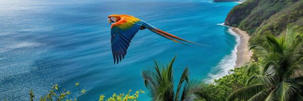 elektrisk blå papegoja flygande över vatten med färgrik fjäder och näbb foto