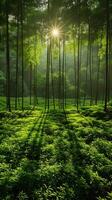 solljus gjutning skuggor genom en bambu skog foto