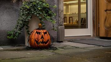 exteriör skön atmosfärisk halloween skrämmande flin dragen pumpor dekorerad på veranda. höst löv och falla blommor firande Semester tacksägelse oktober säsong utomhus i stad foto