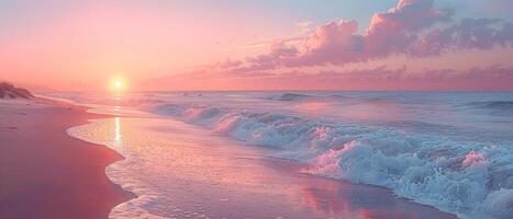 mild vågor läppande på en sandig strand under en pastell solnedgång foto