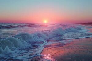 mild vågor läppande på en sandig strand under en pastell solnedgång foto