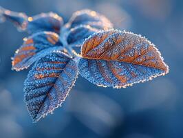 frost mönster på en blad i tidigt morgon- foto