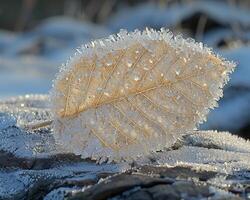 frost mönster på en blad i tidigt morgon- foto