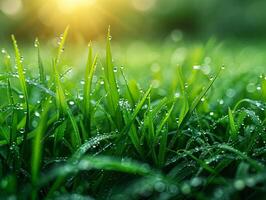 färsk vår gräs med morgon- dagg foto