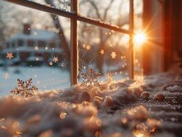 isig snöflingor på en fönster Ruta foto