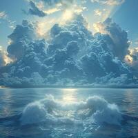dramatisk moln formationer hotande över en lugna hav foto