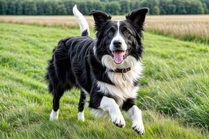 leende hund utomhus- fält Lycklig foto